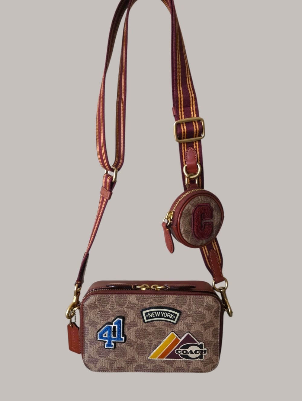 COACH Charter Slim Crossbody Signature Canvas w/ Alpine Patches Tan/Rust Multi